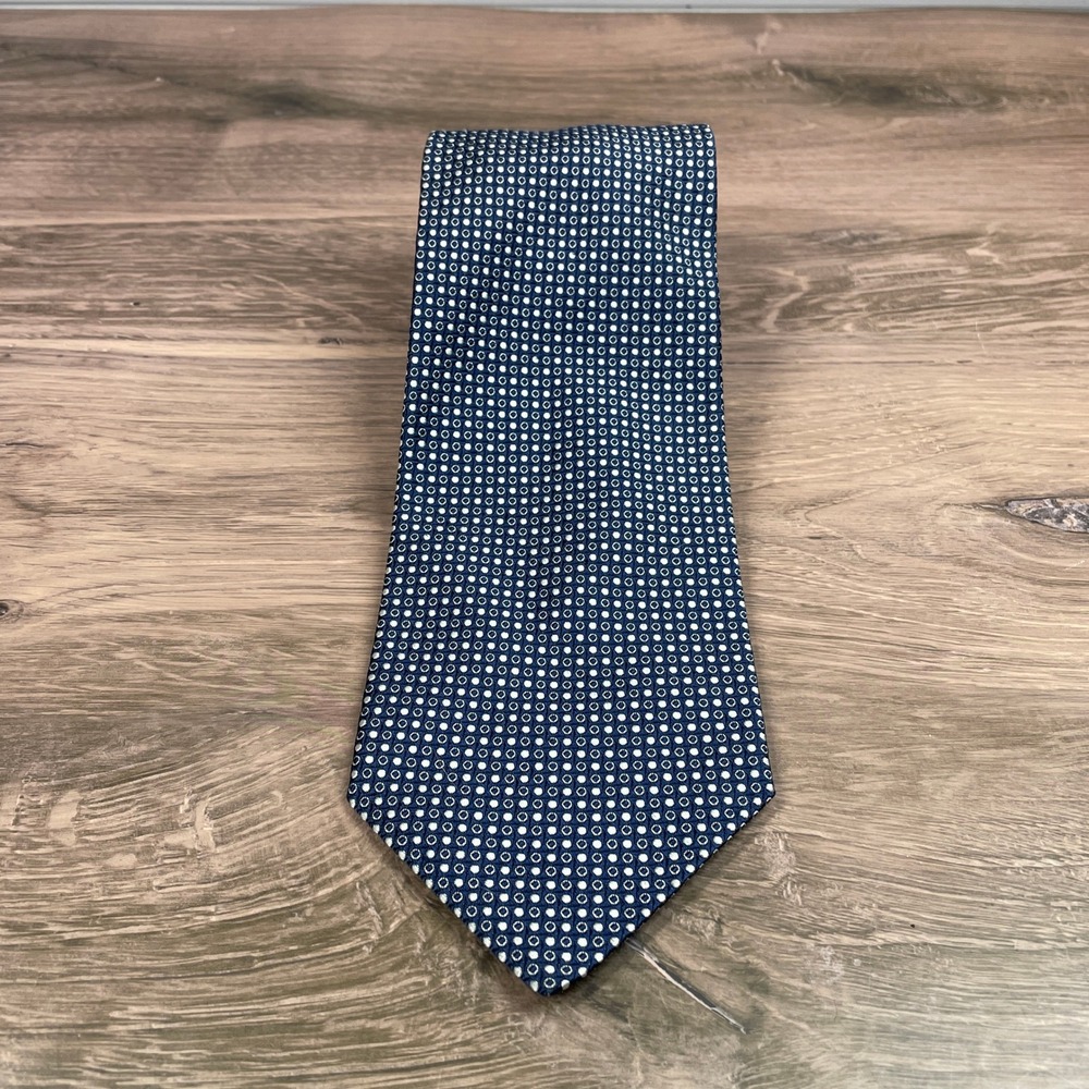 Faconnable Silk‎ Tie Mens Navy Blue White Geometric Hand Made France